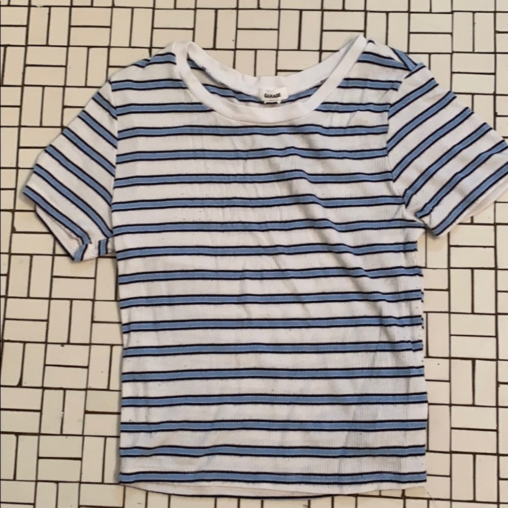 blue, black and white striped shirt.